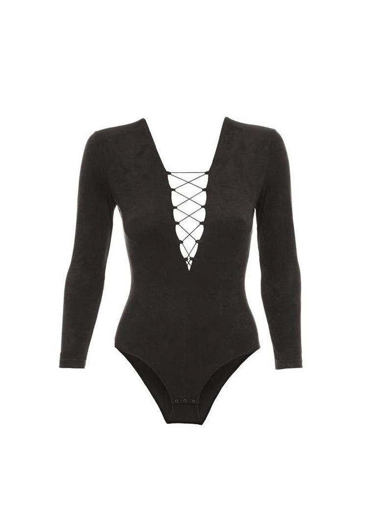 商品Alexander Wang|STRETCH FAUX SUEDE LONG SLEEVE LACE-UP BODYSUIT,价格¥1462,第2张图片详细描述