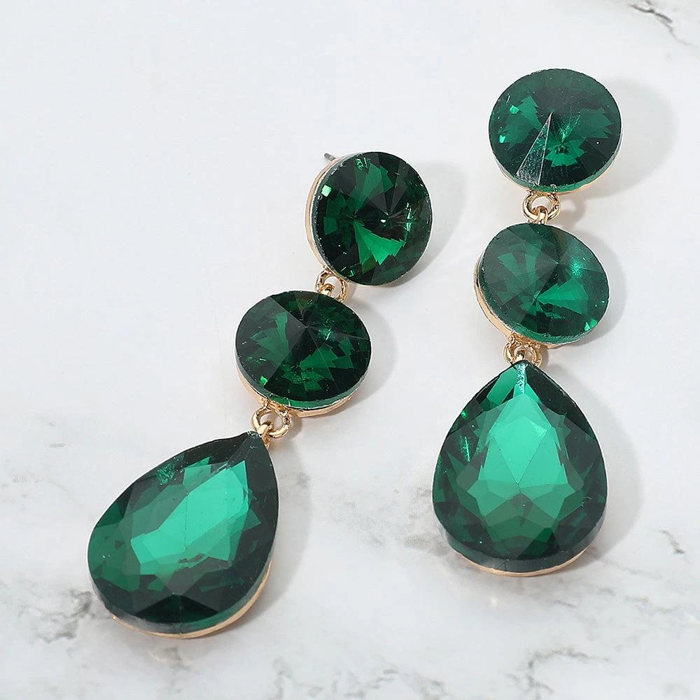 商品FASHNZFAB|Round Teardrop Stone Cluster Link Drop Evening Earrings - Emerald,价格¥187,第1张图片详细描述