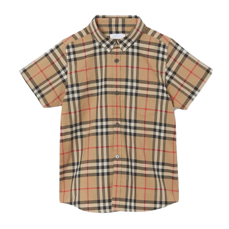 商品Burberry|Burberry Kids 博柏利童装 男童米色格纹翻领短袖衬衫 8014133,价格¥854,第1张图片