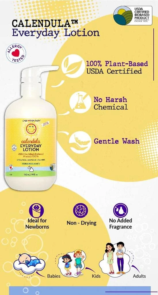 商品California Baby|California Baby Calendula Lotion | 100% Plant-Based Moisturizer | Lavender Baby Lotion | Face Moisturizer For Dry Skin | Hypoallergenic | 8.5 oz.,价格¥185,第5张图片详细描述