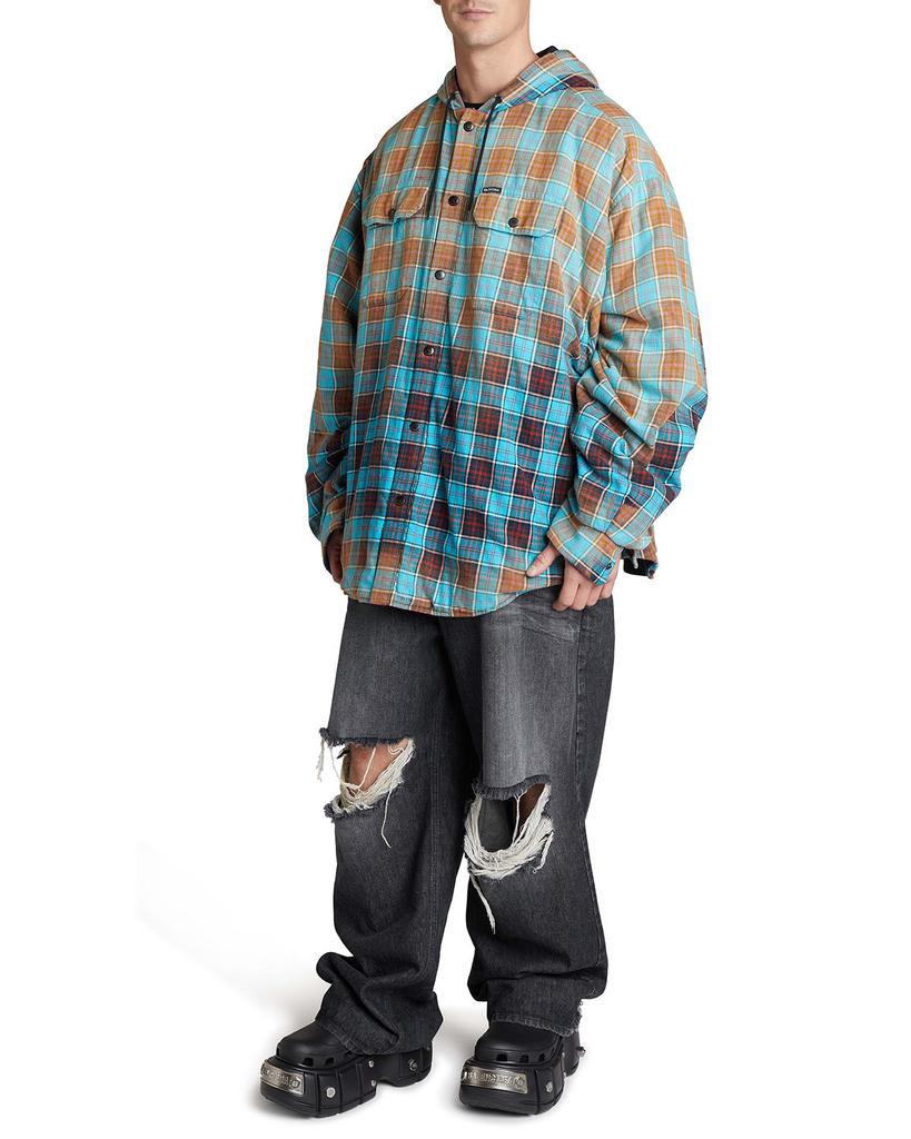 Men's Bleached Plaid Flannel Hooded Shirt Jacket商品第3张图片规格展示