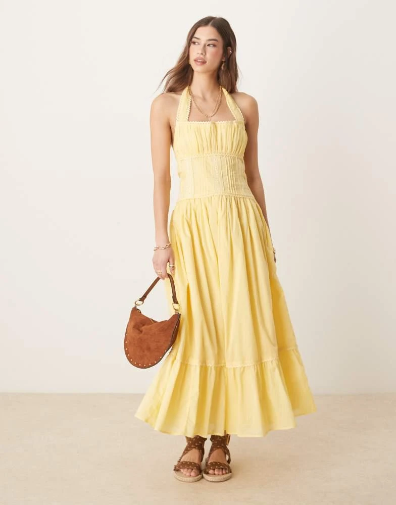商品ASOS|ASOS DESIGN halter neck lace prairie dress with pintucks in lemon,价格¥399,第1张图片