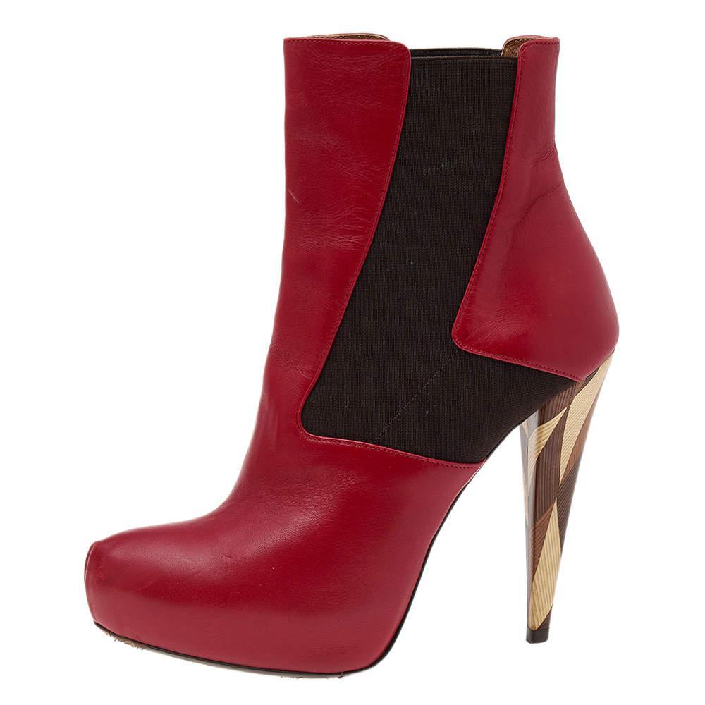 商品[二手商品] Fendi|Fendi Red/Brown Leather And Stretch Fabric Platform Ankle Boots Size 37.5,价格¥1395,第4张图片详细描述