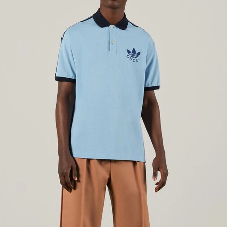商品[国内直发] Gucci|古驰 x adidas originals SS23 条纹Logo印花套头短袖Polo衫 男款 蓝色,价格¥3404,第5张图片详细描述