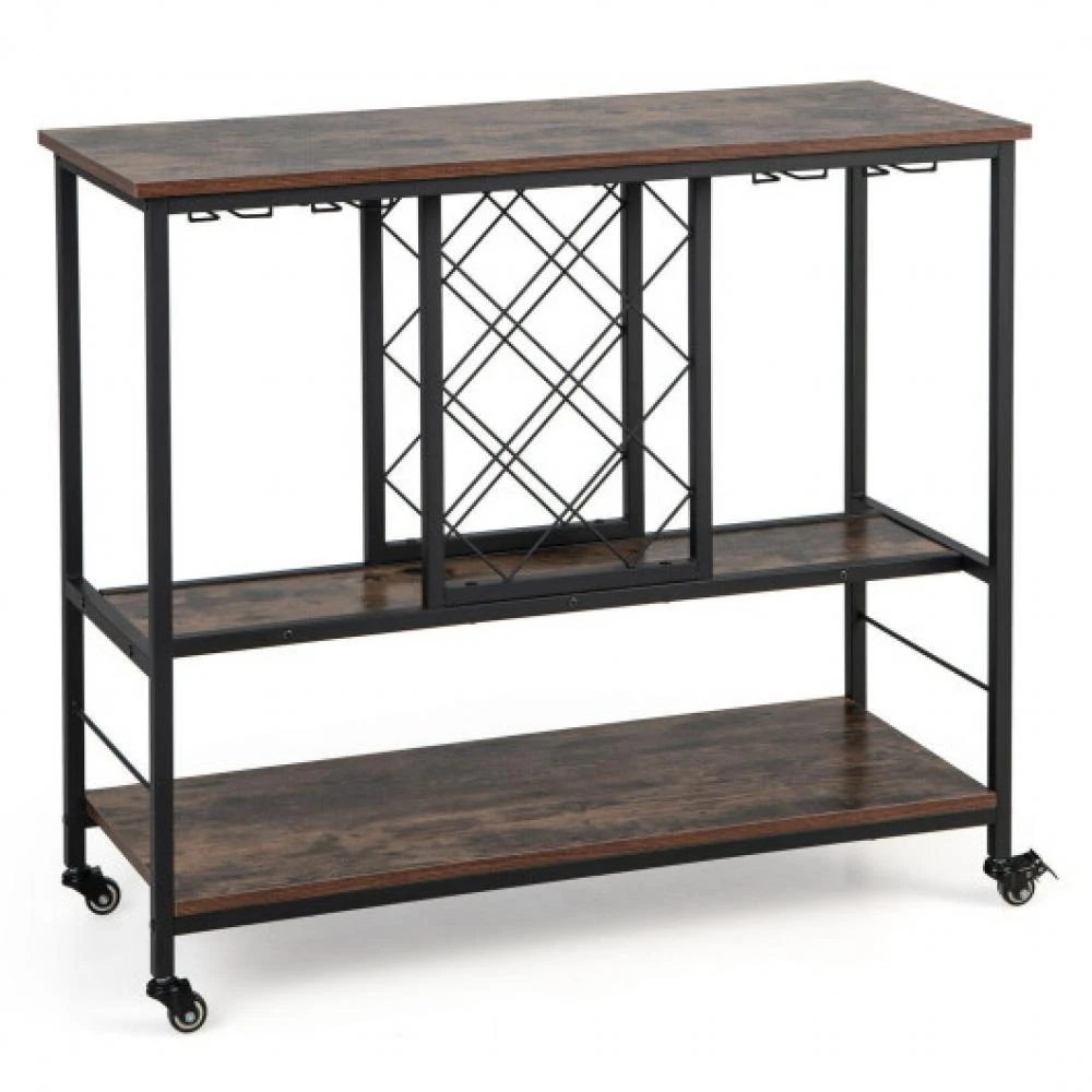 商品Hivvago|3-Tier Wine Bar Cabinet wit 8 Bottles Rack and 12 Glasses Hanger-Rustic Brown,价格¥806,第1张图片