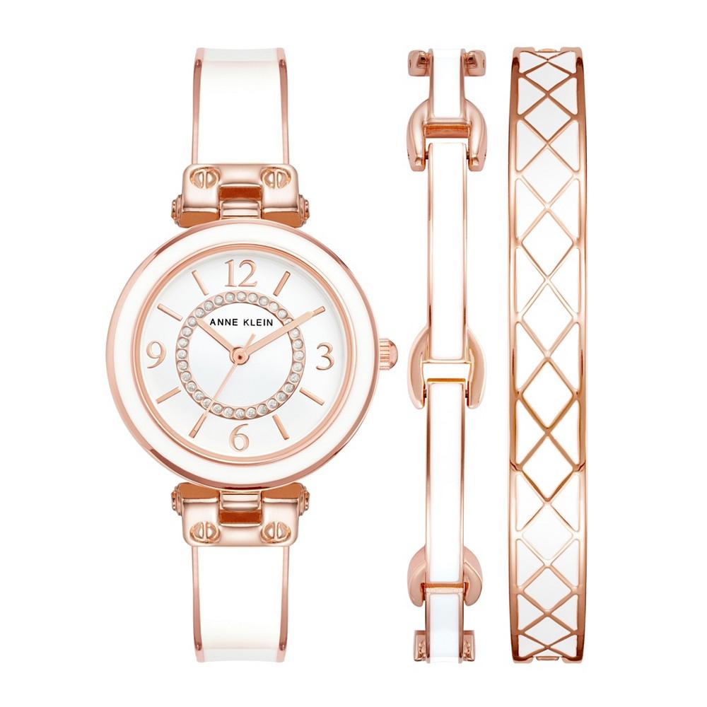 Women's Rose Gold-Tone Alloy Bangle with White Enamel and Crystal Accents Fashion Watch 33mm Set 3 Pieces商品第1张图片规格展示