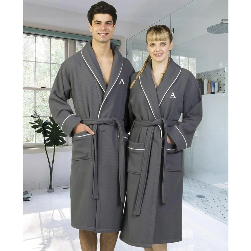 商品Linum Home Textiles|Personalized 100% Turkish Cotton Waffle Terry Bathrobe with Satin Piped Trim - Dark Gray,价格¥804,第1张图片