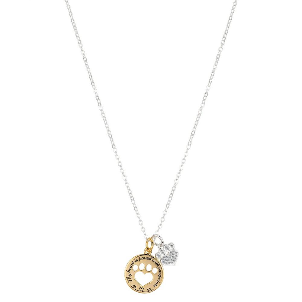 14K Two Tone Gold Flash-Plated Cubic Zirconia 'My Heart Is Paved with Pawprints' Multi Heart-Paw Charm Pendant Necklace with Extender商品第1张图片规格展示