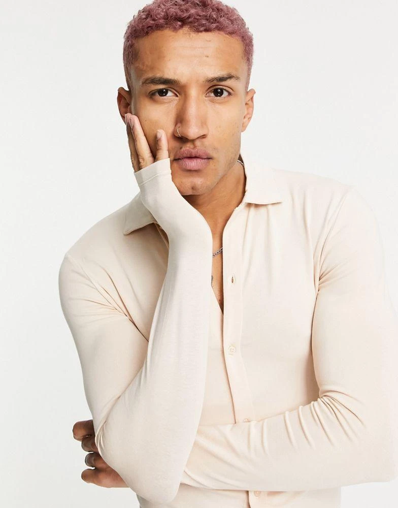 商品ASOS|ASOS DESIGN long sleeve button through jersey shirt in beige - BEIGE,价格¥85,第3张图片详细描述