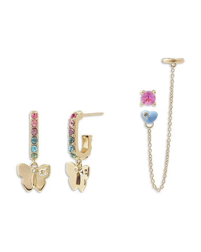 商品Coach|Butterfly Crystal Huggie Hoop Earrings, Single Stud Earrings, & Chain Ear Cuff, Set of 4,价格¥712,第1张图片详细描述