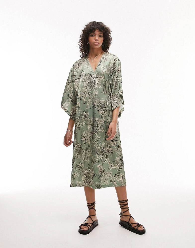 商品Topshop|Topshop satin paisley kimono sleeve midi dress in mint,价格¥538,第4张图片详细描述