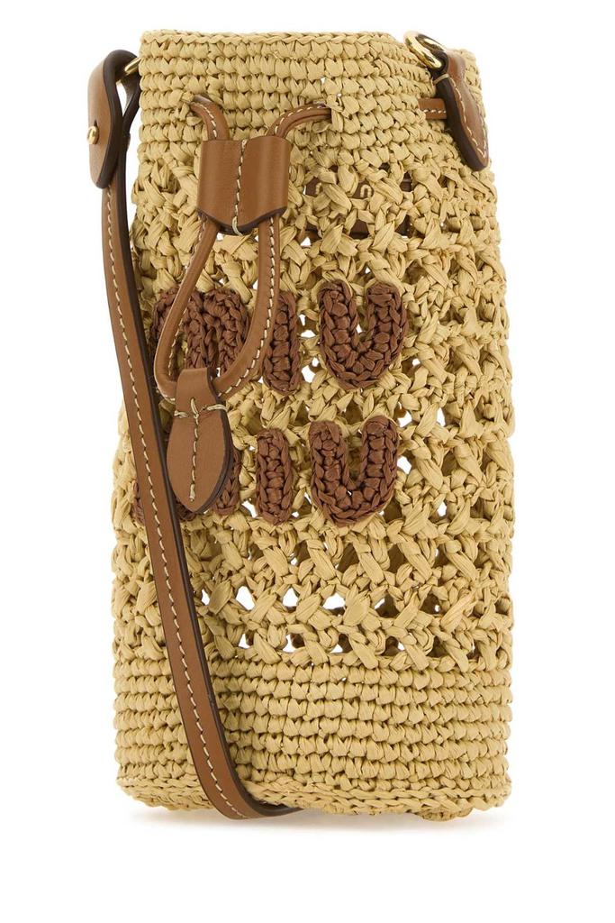 【MIU MIU】RAFFIA BUCKET BAG Mini logo raffia-effect bucket bag in brown - Miu Miu