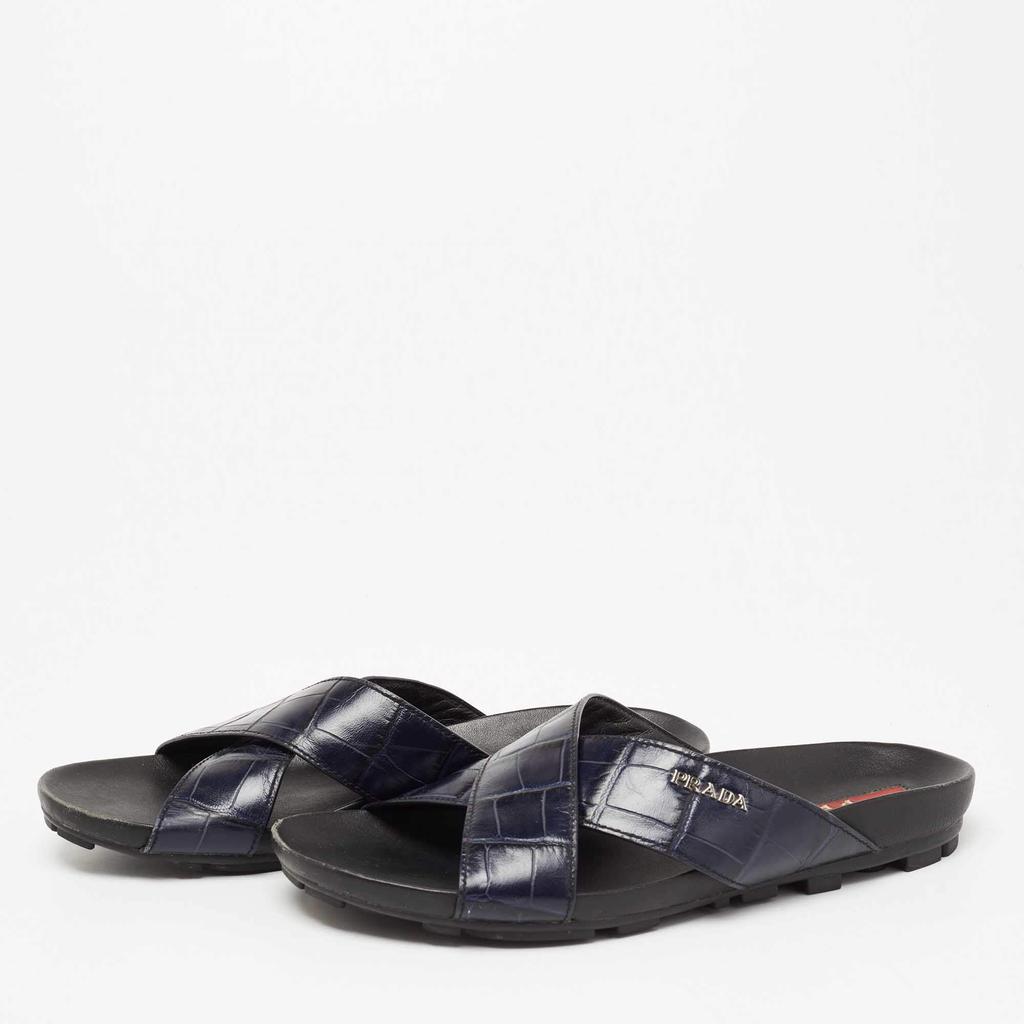 Prada Sport Navy Blue Croc Embossed Leather Flat Slide Sandals Size 39.5商品第2张图片规格展示