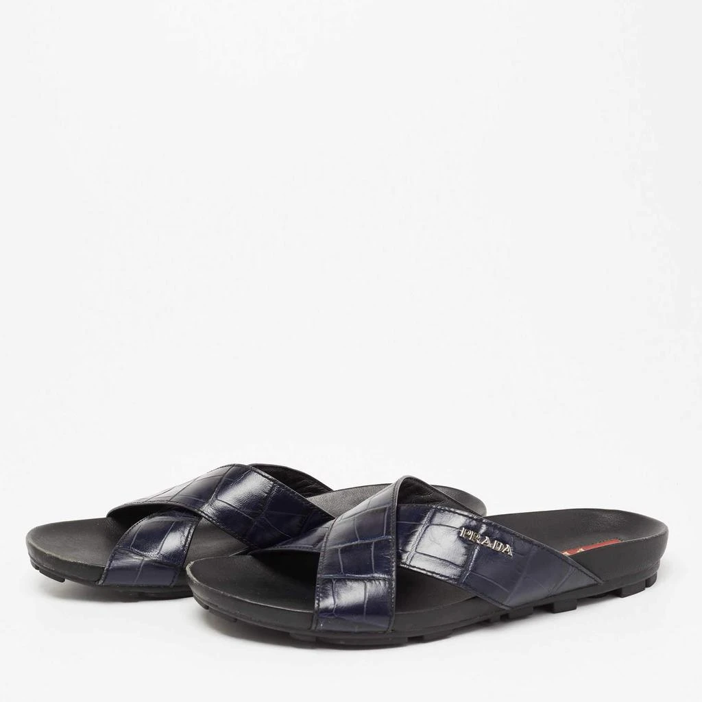 商品[二手商品] Prada|Prada Sport Navy Blue Croc Embossed Leather Flat Slide Sandals Size 39.5,价格¥1052,第2张图片详细描述