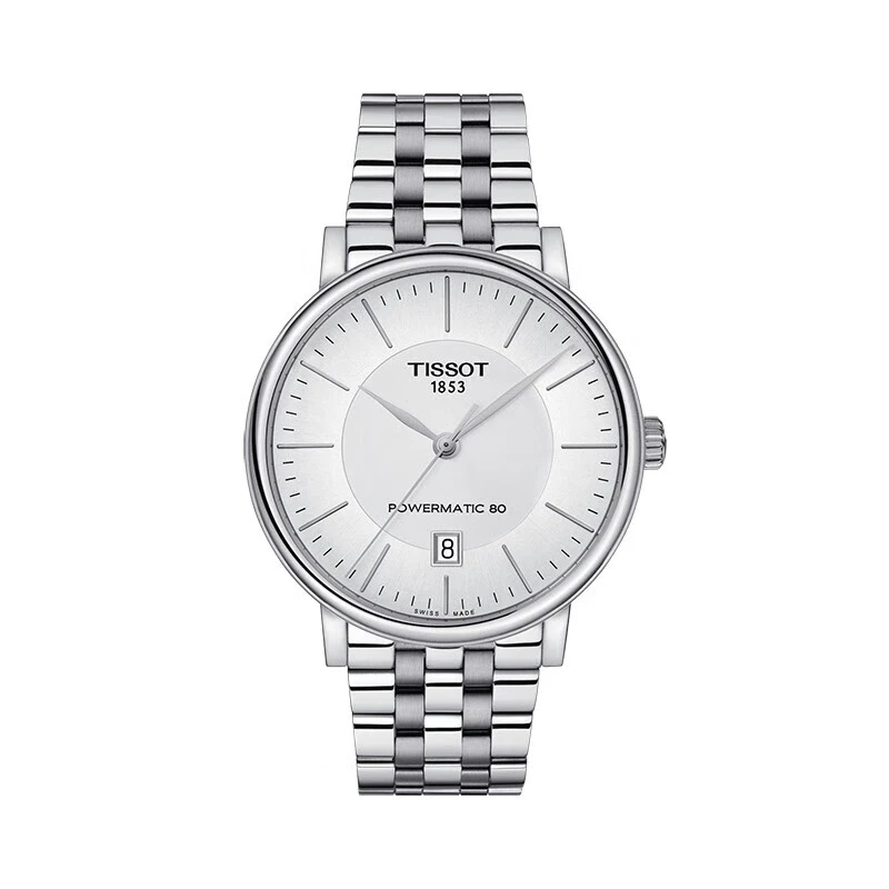 商品Tissot|天梭（TISSOT）预订款4周 CARSON系列 男士白/银表盘自动机芯精钢表带腕表40MM,价格¥4216,第1张图片