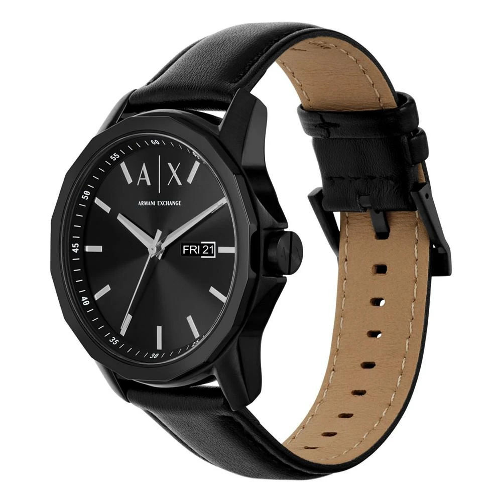 商品Armani Exchange|Men's Three-Hand Day-Date Quartz Black Leather Watch 44mm and Black Stainless Steel Bracelet Set,价格¥1002,第4张图片详细描述