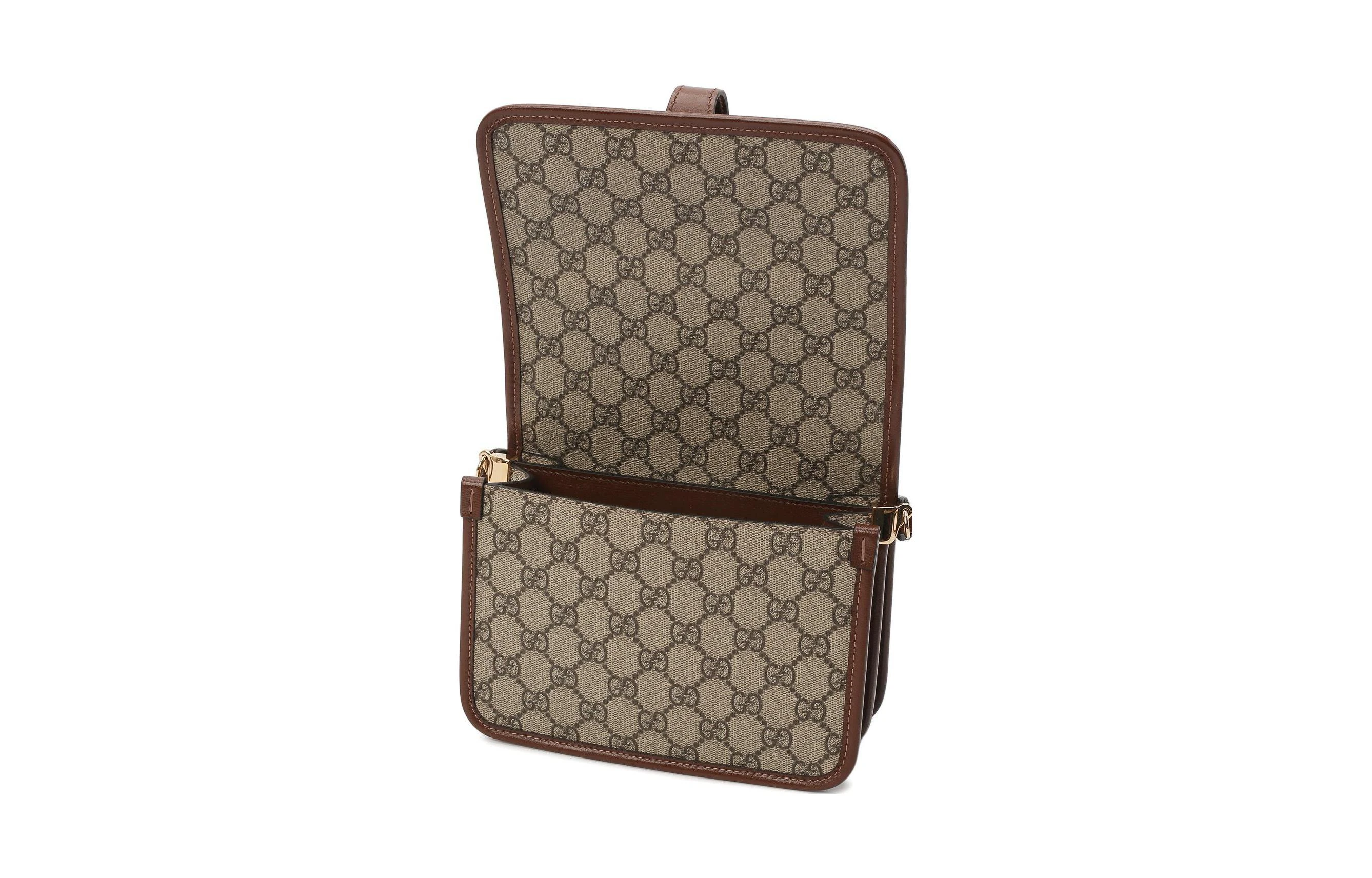 商品[国内直发] Gucci|古驰 老花Logo 皮革 邮差包风琴包单肩斜挎包 迷你 男女同款 棕色,价格¥9357,第5张图片详细描述