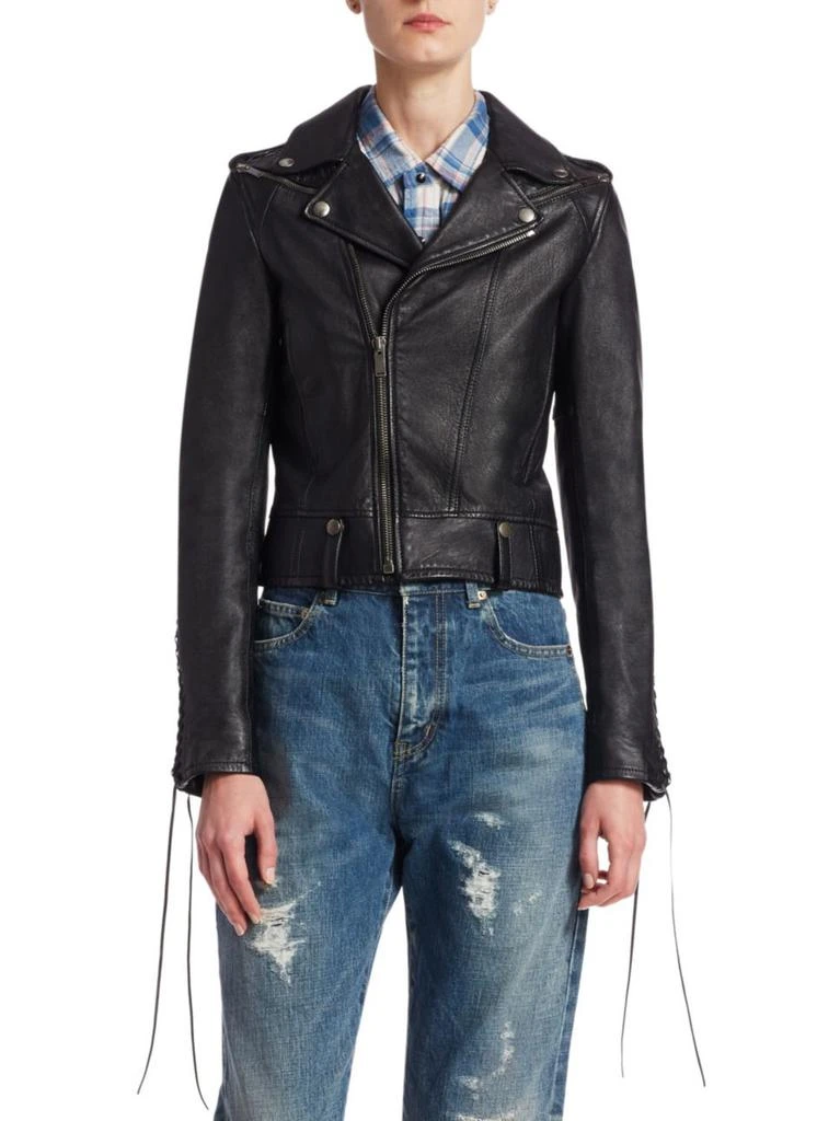 商品Yves Saint Laurent|Leather Lace-Sleeve Moto Jacket,价格¥8941,第1张图片