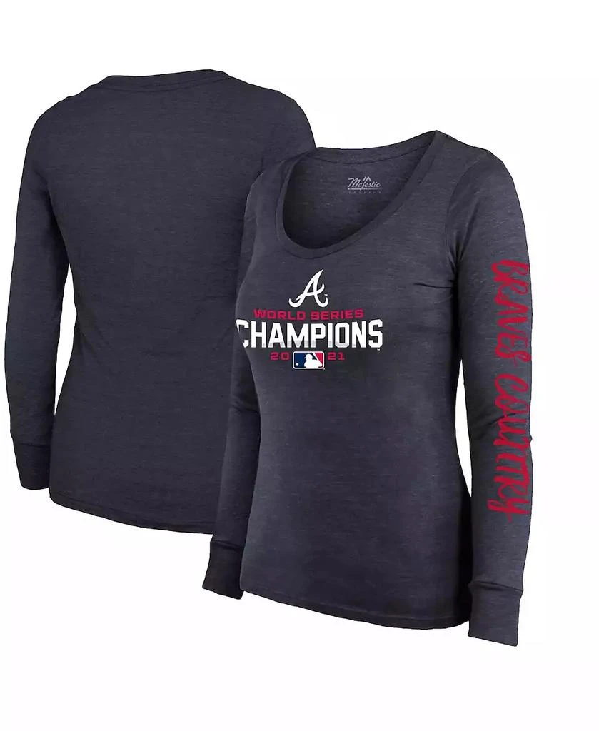 商品Majestic|Women's Threads Navy Atlanta Braves 2021 World Series Champions Two-Hit Tri-Blend Long Sleeve Scoop Neck T-shirt,价格¥366,第1张图片