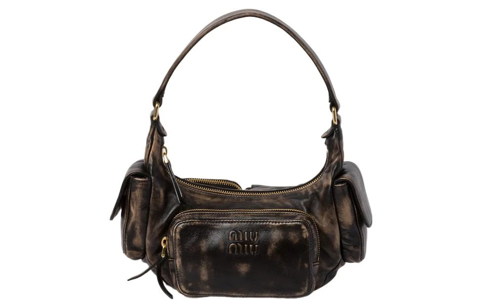 商品[国内直发] Miu Miu|缪缪 做旧复古口袋饰压花刻字徽标拉链开合 软羊革 Hobo包腋下包单肩手提包 男女同款情侣款 沙色拼咖啡色,价格¥21765,第1张图片