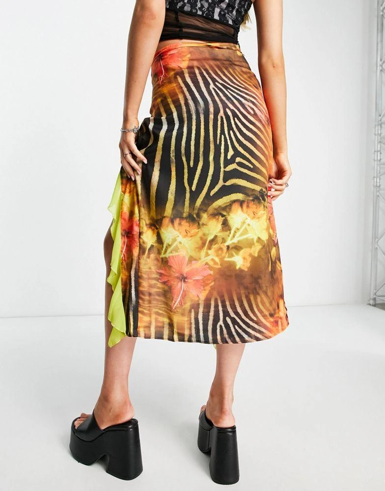 商品Jaded London|Jaded London low waist midi skirt with frilly split in multi spring print,价格¥454,第2张图片详细描述