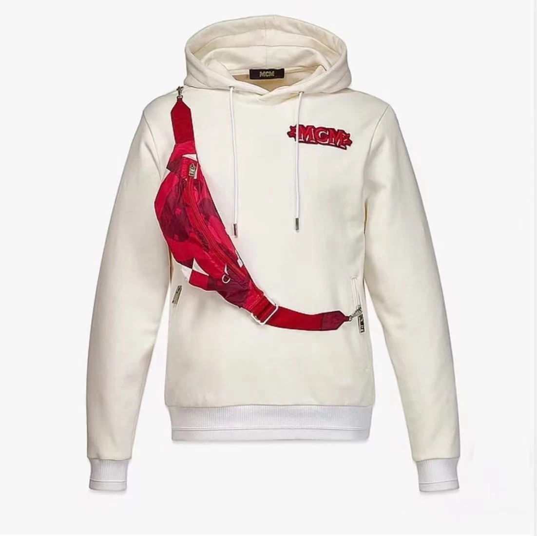 商品MCM| MCM Logo刺绣可拆卸腰包长袖连帽卫衣 男款 MHABASX02R0000-LYCHEE,价格¥3719,第1张图片