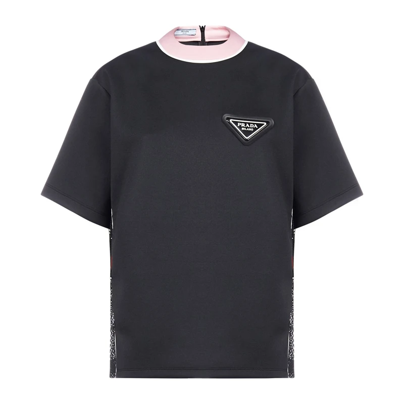 商品[国内直发] Prada|PRADA 女士黑色三角徽标粉色圆领短袖T恤 135690-1X76-F014A,价格¥3768,第1张图片