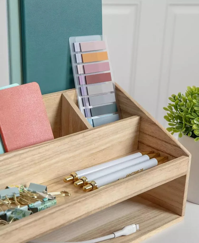 商品Martha Stewart|Weston Wooden Desktop Organizer with Open Lower Storage Compartment, Paulownia Wood Multipurpose Storage Caddy,价格¥309,第4张图片详细描述