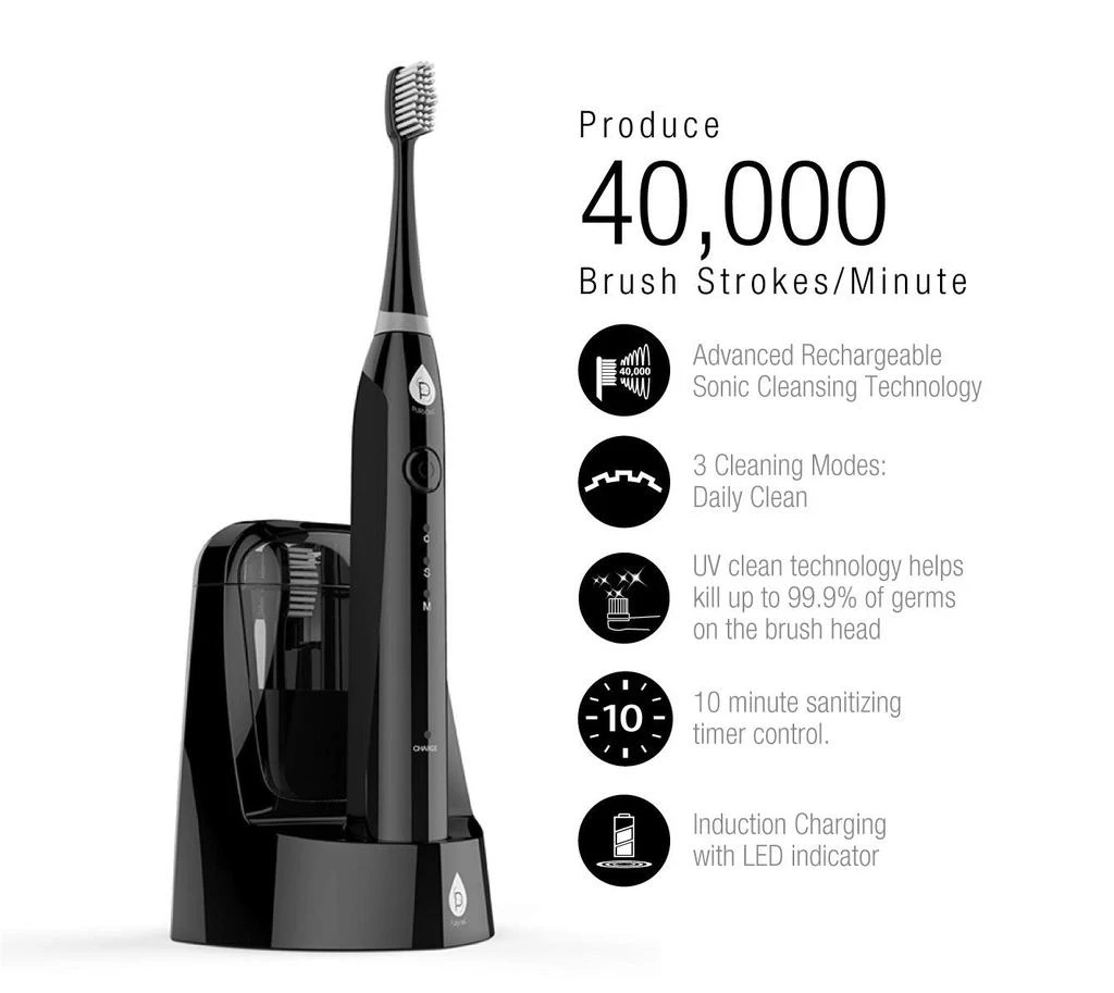 商品PURSONIC|Sonic SmartSeries Electronic Power Rechargeable Battery Toothbrush with UV Sanitizing Function,  Includes 12 Brush Heads,BLACK,价格¥401,第2张图片详细描述