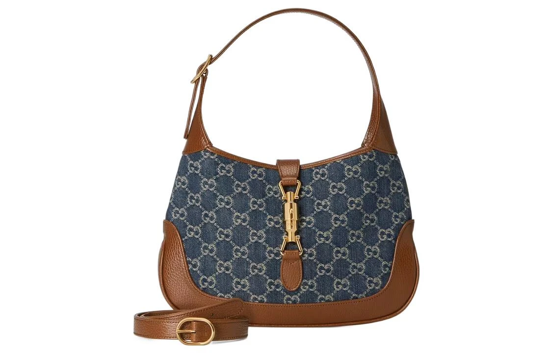 商品[国内直发] Gucci|古驰 Jackie 1961 金色锁扣老花满印可拆卸延长肩带 帆布拼皮革饰边 帆布包半月腋下包 单肩包 小号 女款 棕蓝拼色,价格¥14421,第3张图片详细描述