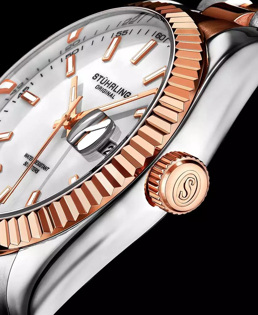 商品Stuhrling|Men's Silver-Tone and Rose Gold-Tone Stainless Steel Link Bracelet Watch 42mm,价格¥1008,第4张图片详细描述