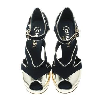 商品Chanel|Chanel Black Canvas With Metallic Gold Leather Cut Out Peep Toe Pumps Size 36.5,价格¥4822,第2张图片详细描述