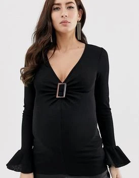 商品ASOS|ASOS DESIGN Maternity top with buckle front and long sleeve and frill sleeve,价格¥70,第3张图片详细描述