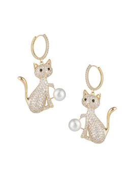 商品Eye Candy LA|Luxe 18K Goldplated, 2MM Shell Pearl & Cubic Zirconia Kitty Hoop-Drop Earrings ,价格¥337,第1张图片