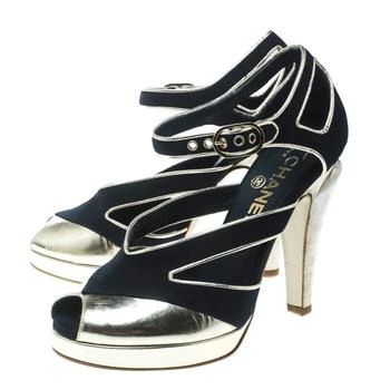 商品Chanel|Chanel Black Canvas With Metallic Gold Leather Cut Out Peep Toe Pumps Size 36.5,价格¥4822,第3张图片详细描述