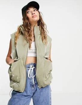 商品Topshop|Topshop sheen puffer jacket with removeable sleeves in khaki ,价格¥291,第3张图片详细描述