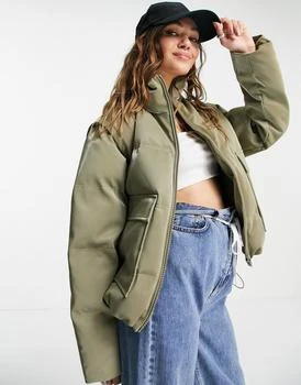 商品Topshop|Topshop sheen puffer jacket with removeable sleeves in khaki ,价格¥291,第1张图片