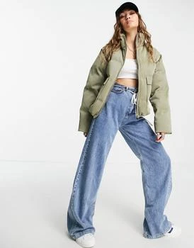 商品Topshop|Topshop sheen puffer jacket with removeable sleeves in khaki ,价格¥291,第4张图片详细描述