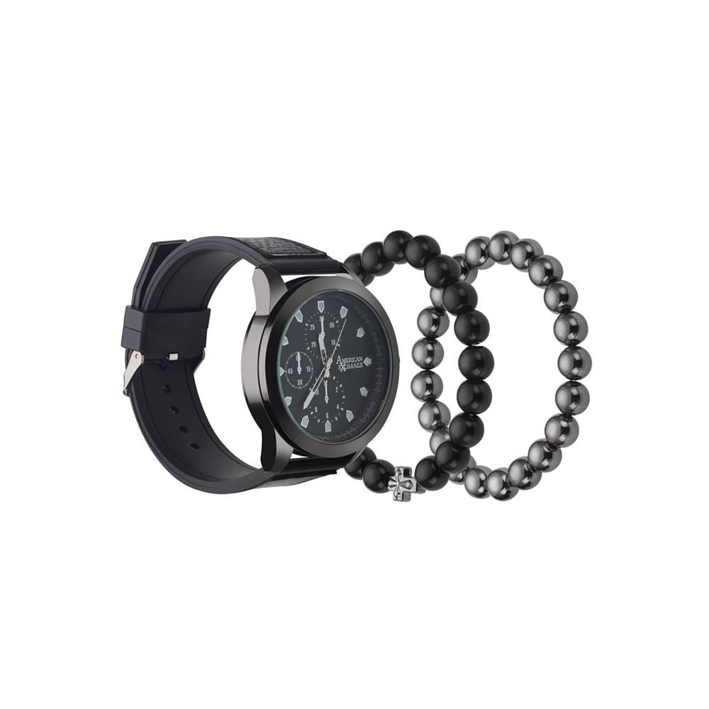 Men's Quartz Movement Black Leather Analog Watch, 47mm and Stackable Bracelet Set with Zippered Pouch商品第2张图片规格展示