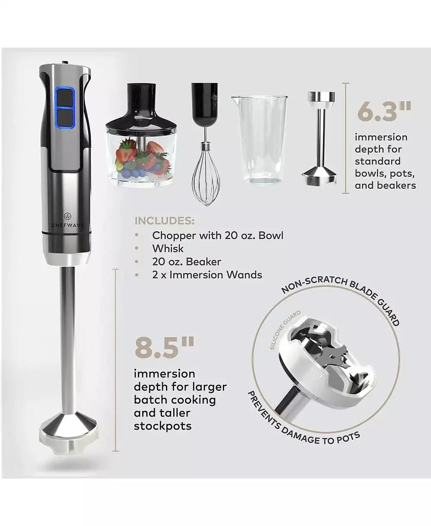 商品ChefWave|InterMix 500 Watt 9-Speed Immersion Multi-Purpose Hand Blender Heavy Duty with Immersion Depth Wands, Beaker, Whisk and Chopper Attachments,价格¥261,第4张图片详细描述