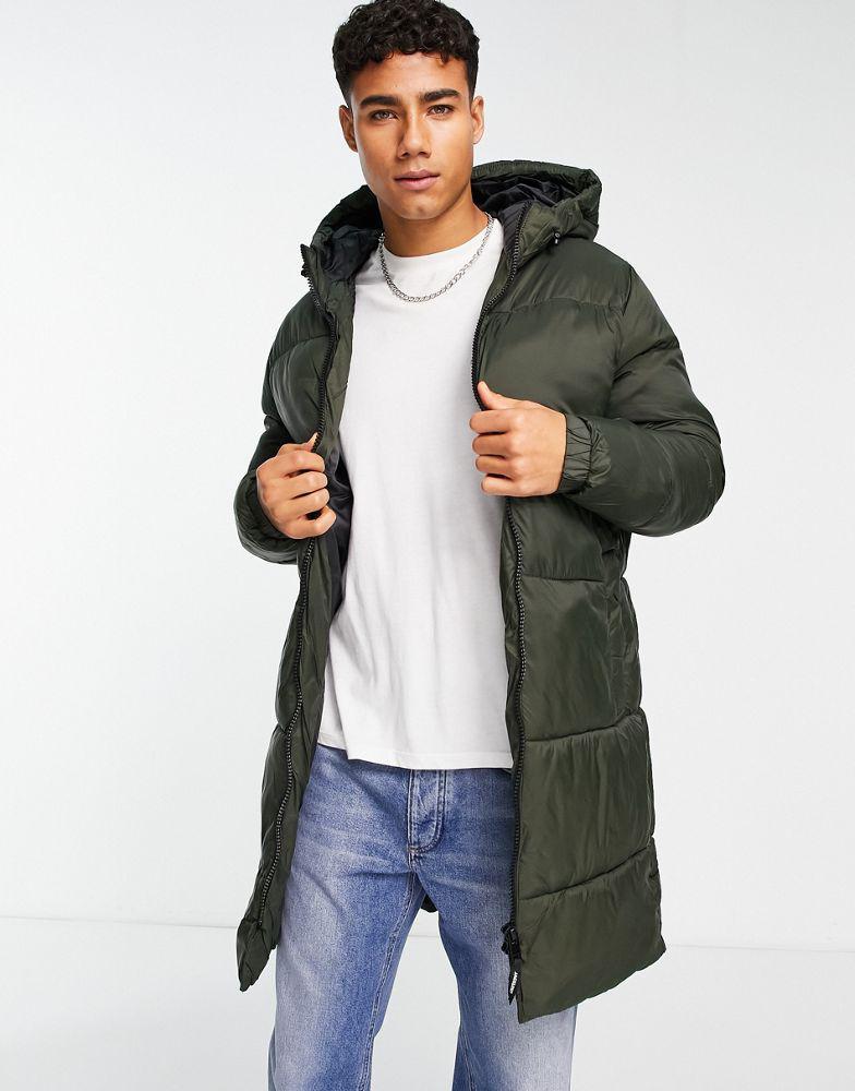 商品Jack & Jones|Jack & Jones Essentials longline puffer coat with hood in khaki with double zip,价格¥607,第1张图片