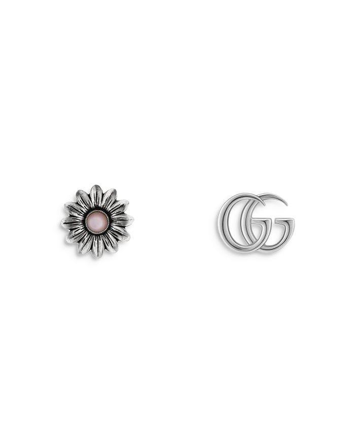 商品Gucci|Sterling Silver Mother of Pearl Flower & Logo Mismatch Stud Earrings,价格¥2566,第3张图片详细描述