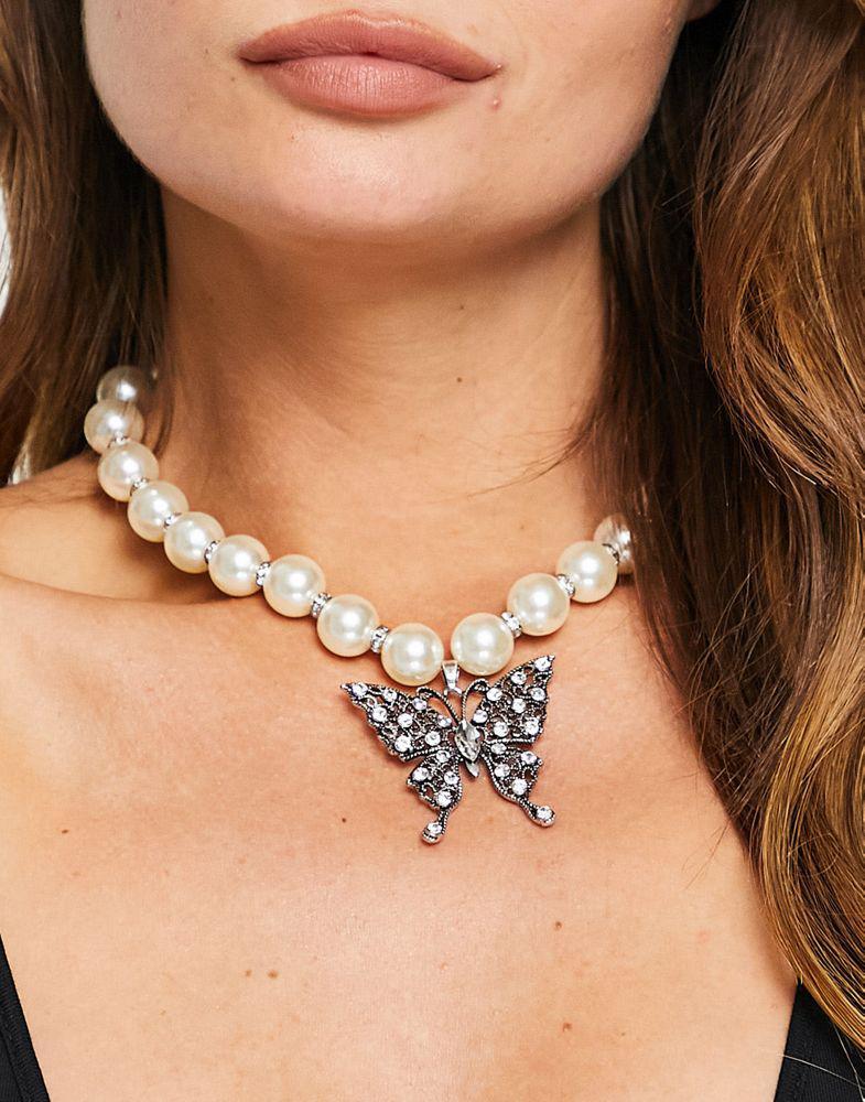 商品ASOS|ASOS DESIGN necklace with faux pearl and butterfly in silver tone,价格¥68,第6张图片详细描述
