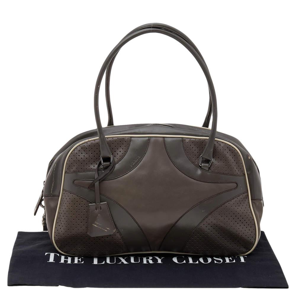 Prada Grey/White Vitello Drive and Perforated Leather Bowler Bag商品第9张图片规格展示