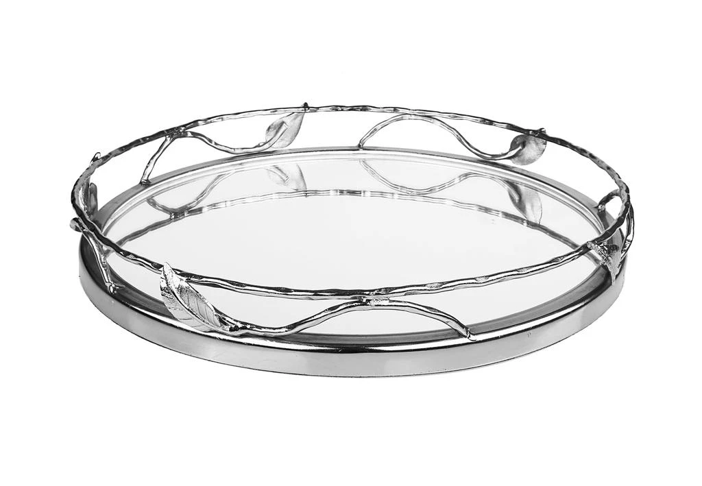 商品Classic Touch Decor|Round Mirror Tray With Nickel Leaf Design - 11.25"D X 2"H,价格¥658,第1张图片