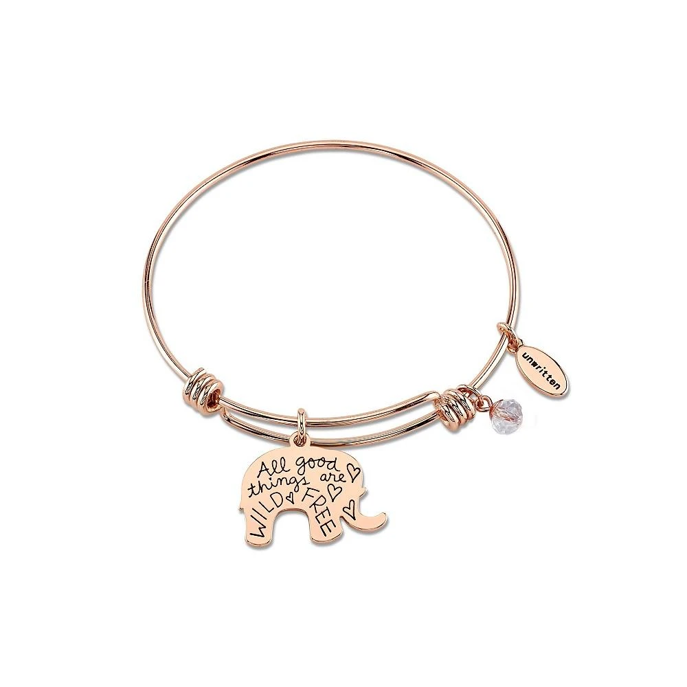 Unwritten "All Good Things are Wild and Free" Elephant Charm Adjustable Bangle Bracelet in Rose Gold-Tone Stainless Steel with Silver Plated Charms 2