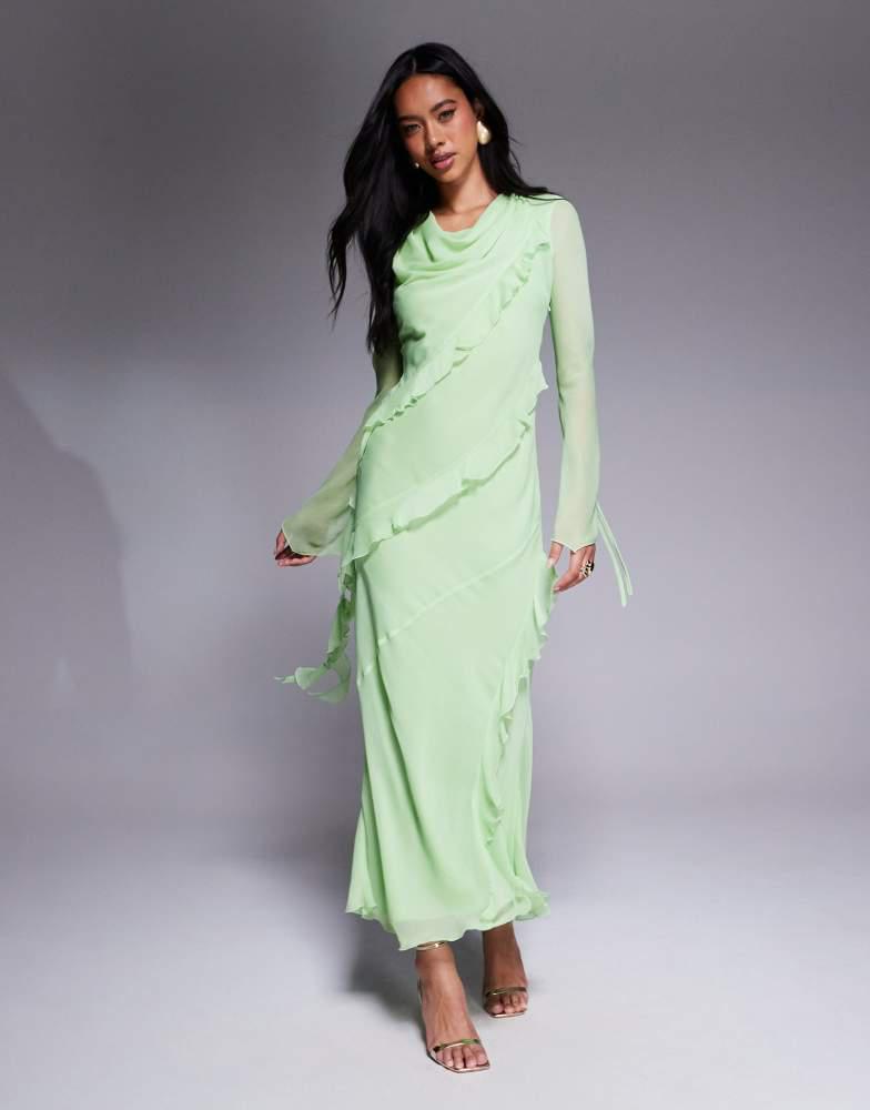 daska chiffon ruffle maxi dress in lemon DASKA Circe Ruffle Maxi Dress, Green