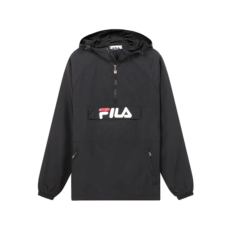 商品[国内直发] Fila|FILA 男士黑色聚酰胺胸前字母LOGO印花半拉链连帽长袖防风卫衣 688402-002,价格¥522,第1张图片