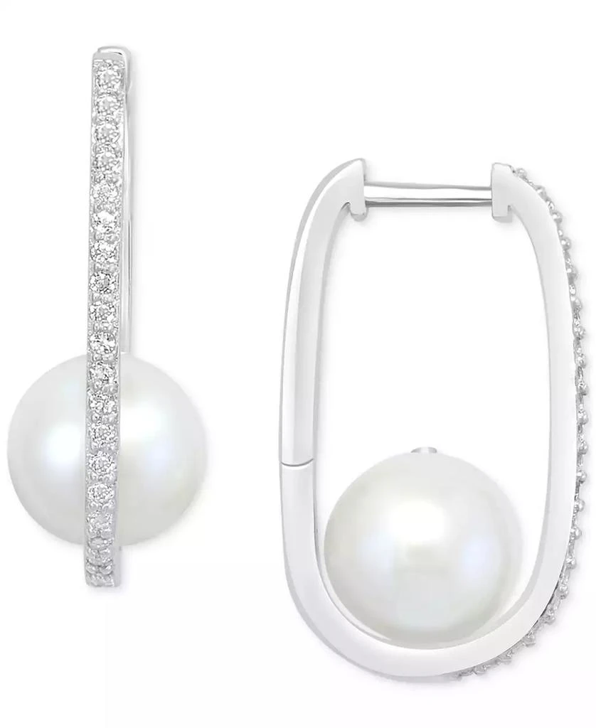 商品Effy|EFFY® Cultured Freshwater Pearl (8mm) & White Topaz (1/5 ct. t.w.) Oval Small Hoop Earrings in Sterling Silver,价格¥2632,第1张图片