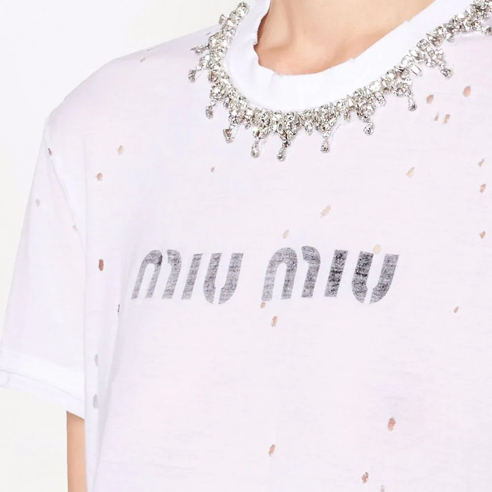 商品Miu Miu|MIU MIU 女士白色镶钻T恤 MJN334-1Z5B-F0009,价格¥4603,第1张图片